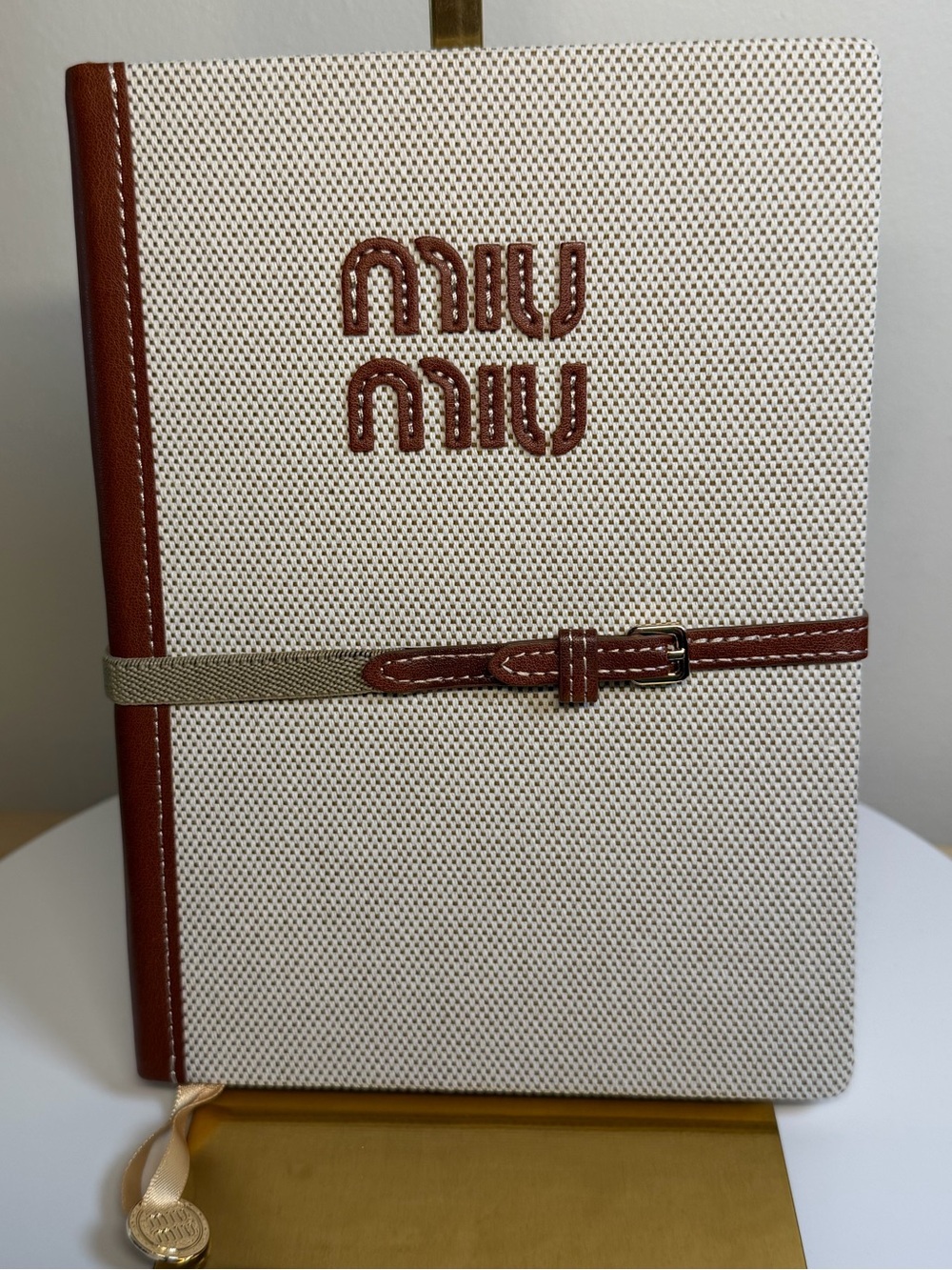 Miu Miu Cream Canvas Notebook with Brown Leather Trim NWOT